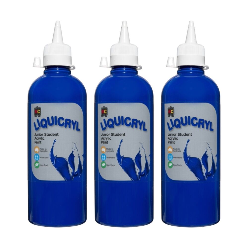 3PK Educational Colours Liquicryl Junior Student Acrylic Paint Bright Blue 500ml