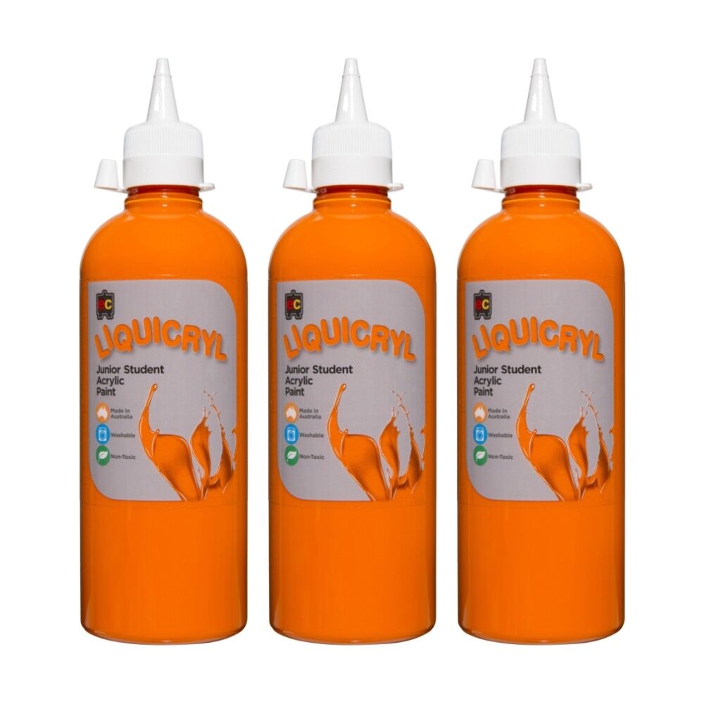 3PK Educational Colours Liquicryl Junior Student Acrylic Paint Orange 500ml