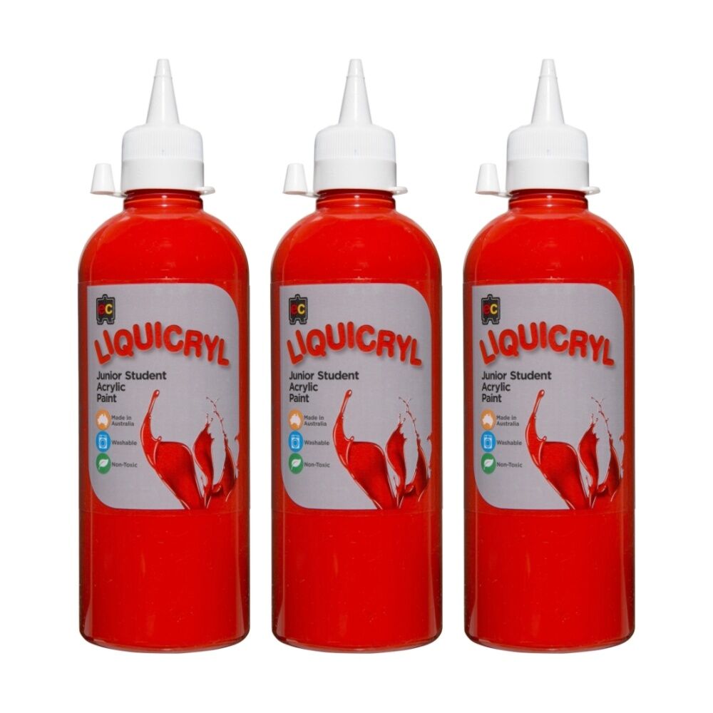 3PK Educational Colours Liquicryl Junior Student Acrylic Paint Bright Red 500ml