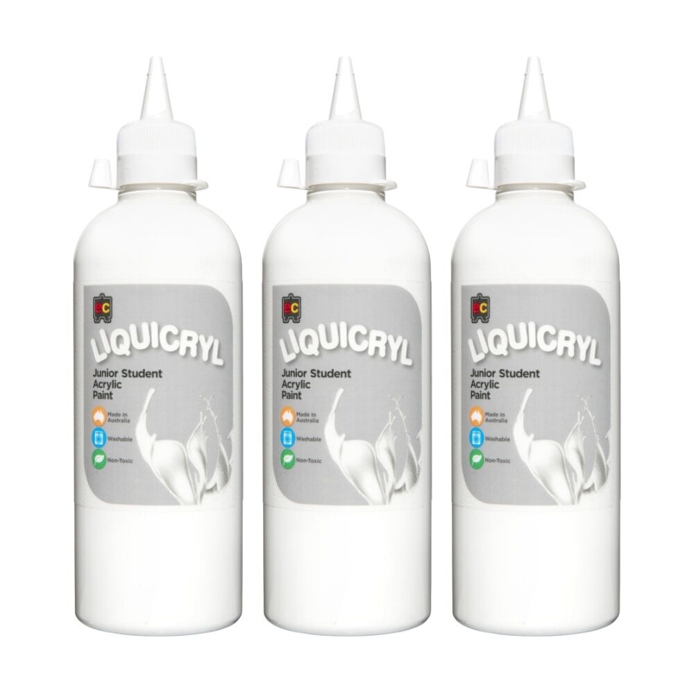 3PK Educational Colours Liquicryl Junior Student Acrylic Paint White 500ml