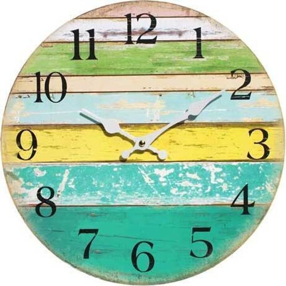 2PK LVD Weathered Wood Coastal Coloured Board Home Decor Wall Clock 34x34x3cm