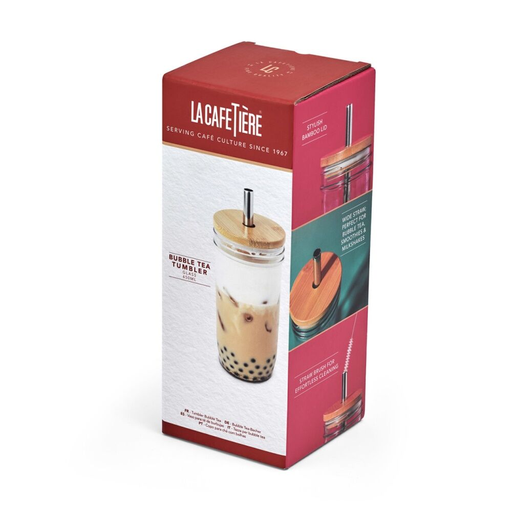 2PK La Cafeti re Glass Bubble Tea Tumbler W/ Stainless Steel Straw & Brush 650mL