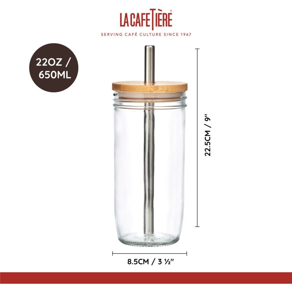 2PK La Cafeti re Glass Bubble Tea Tumbler W/ Stainless Steel Straw & Brush 650mL
