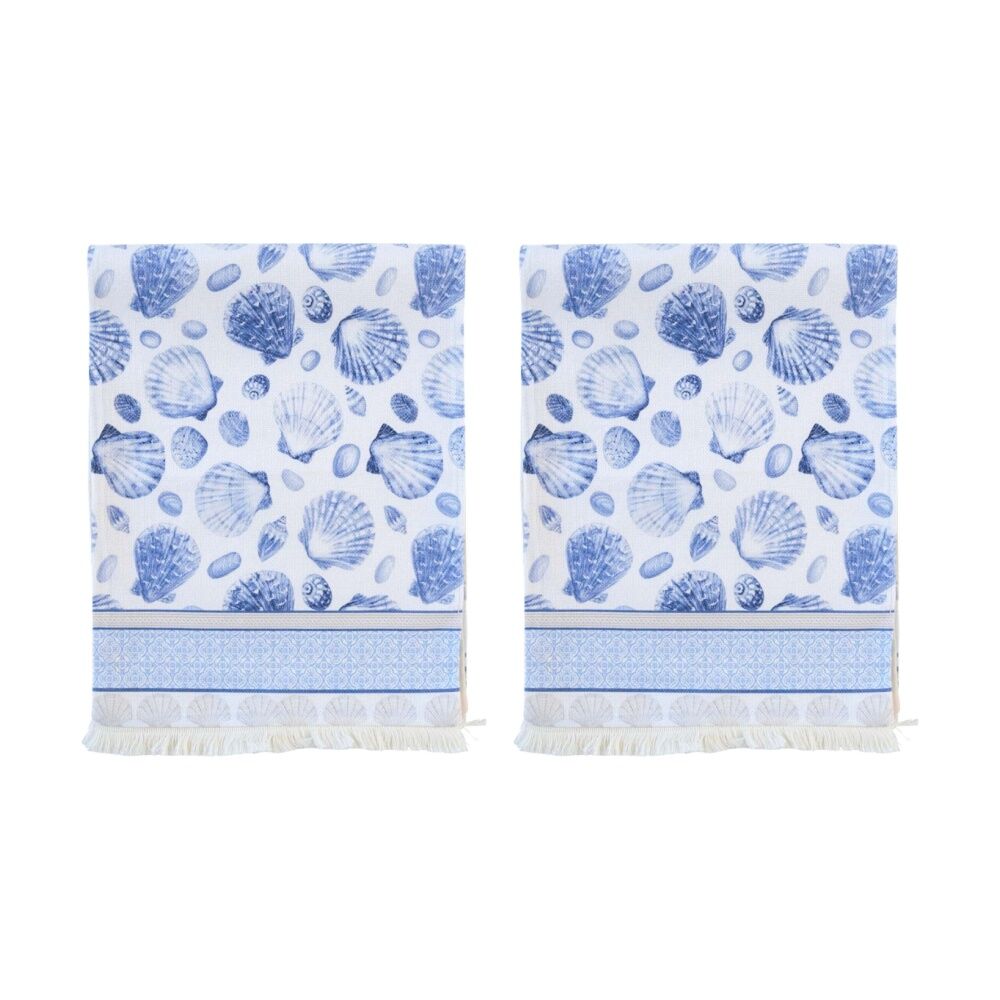 2PK LVD Shells Rectangular Table Runner Dining Decor W/ Fringing Blue 180x33cm