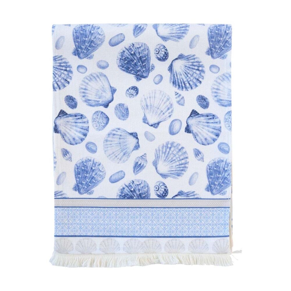 2PK LVD Shells Rectangular Table Runner Dining Decor W/ Fringing Blue 180x33cm
