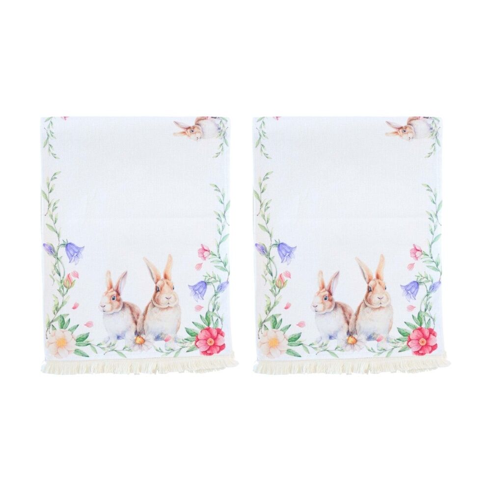 2PK LVD Floral Rabbits Rectangular Polyester Table Runner W/ Fringing 180x33cm