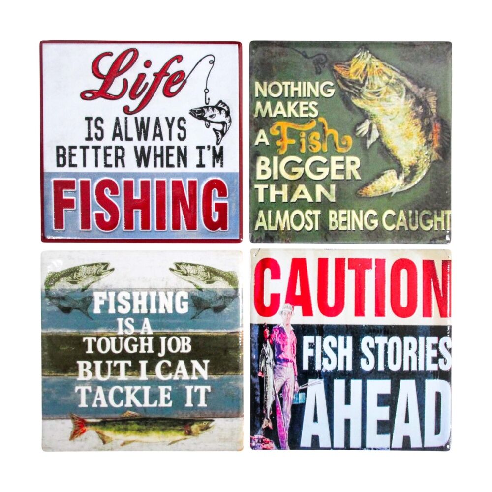 2x 4pc LVD Glossy Ceramic Square Retro Fishing Coaster Set Tableware 10x10cm