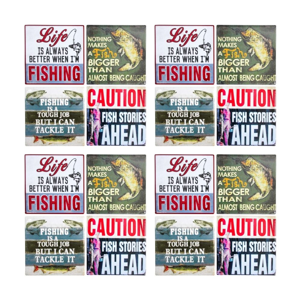 4x 4pc LVD Glossy Ceramic Square Retro Fishing Coaster Set Tableware 10x10cm