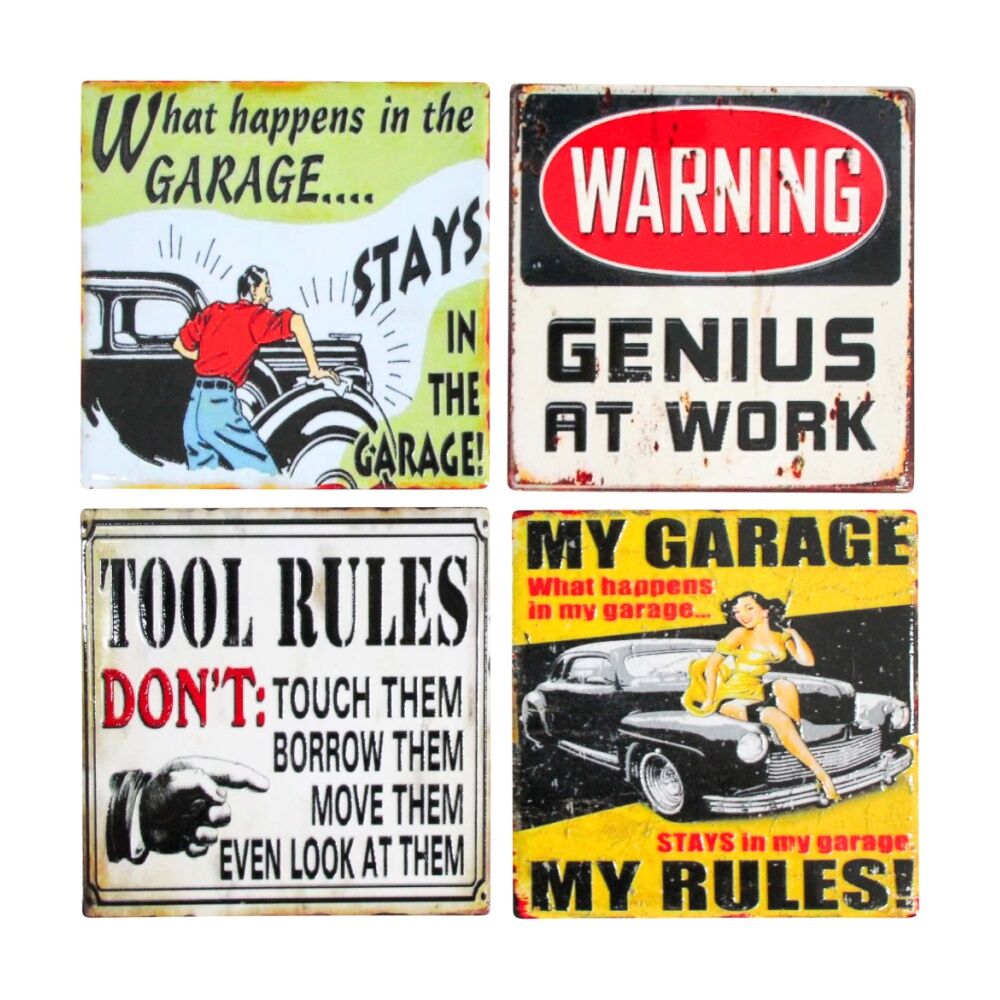 2x 4pc LVD Glossy Ceramic Vintage Garage Tools Coaster Set Tableware 10x10cm