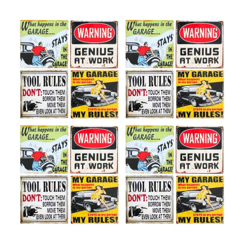 4x 4pc LVD Glossy Ceramic Vintage Garage Tools Coaster Set Tableware 10x10cm