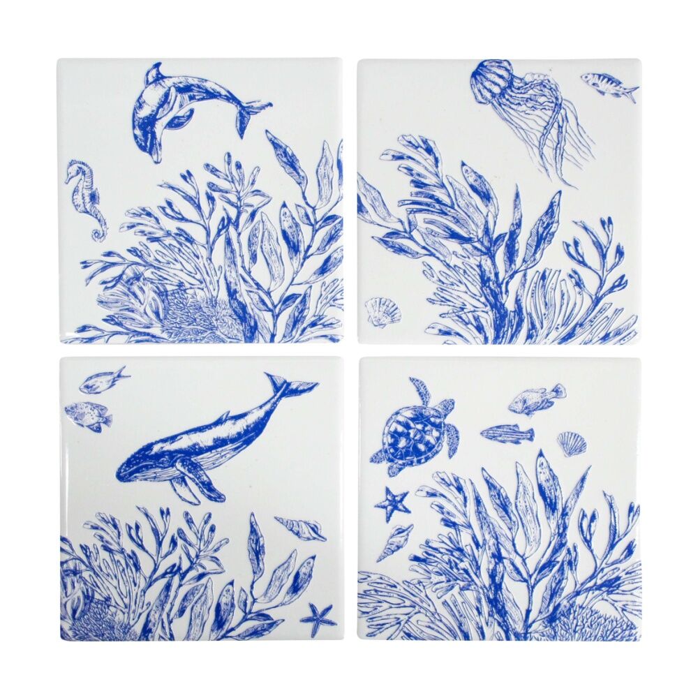 2x 4pc LVD Blue Underwater Glossy Square Ceramic Coaster Set Tableware 10x10cm