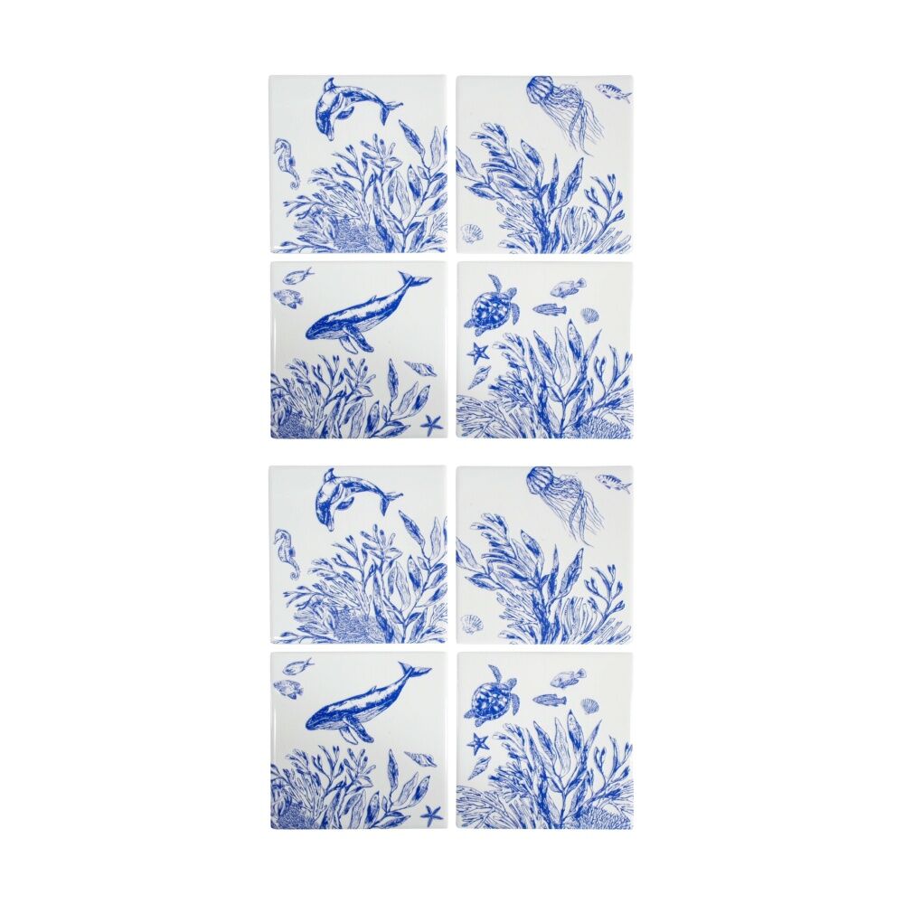 2x 4pc LVD Blue Underwater Glossy Square Ceramic Coaster Set Tableware 10x10cm