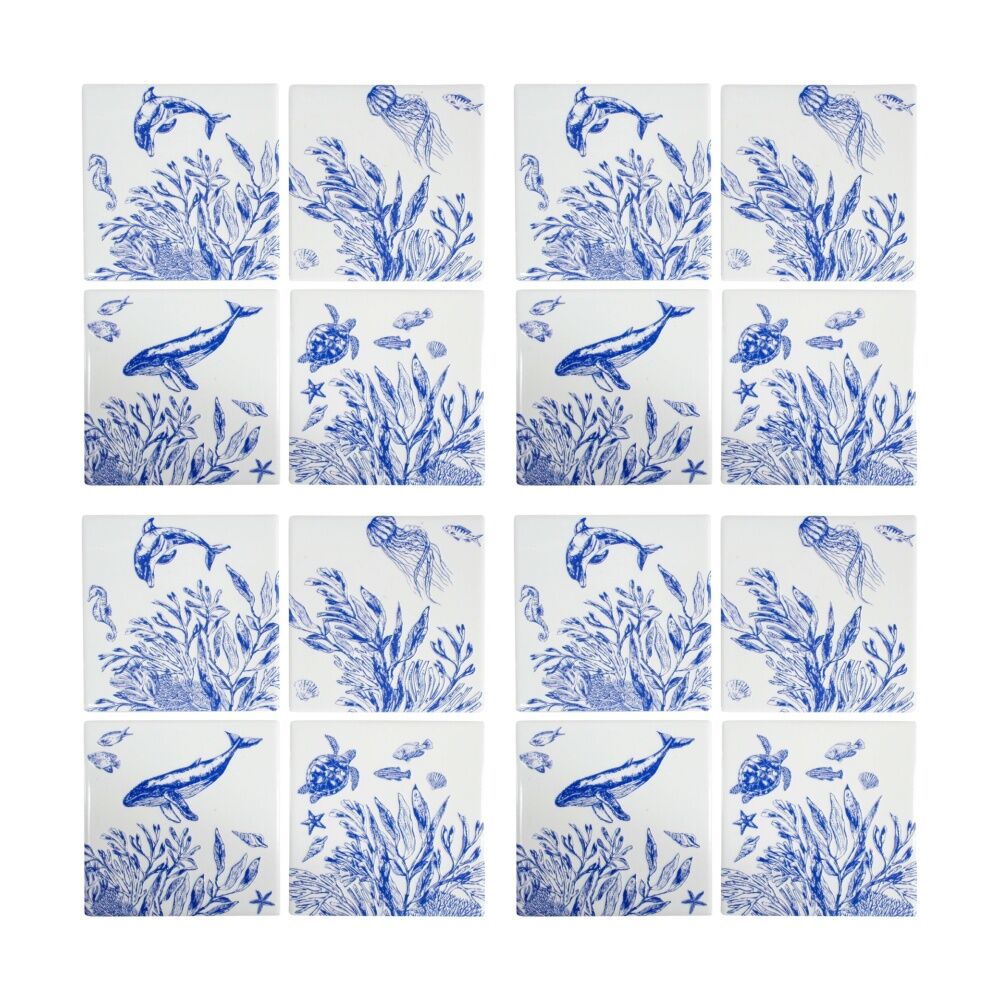 4x 4pc LVD Blue Underwater Glossy Square Ceramic Coaster Set Tableware 10x10cm