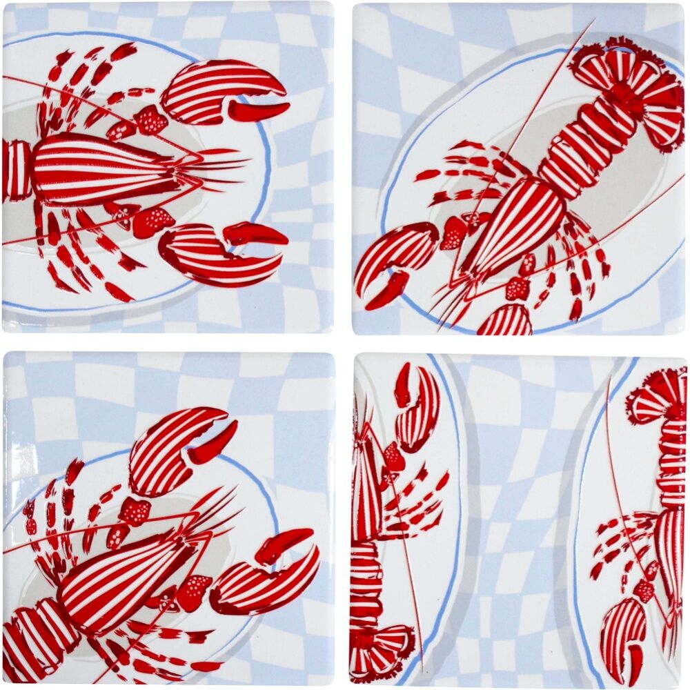 2x 4pc LVD Square Glossy Lobsters Ceramic Coaster Set Tableware 10x10cm
