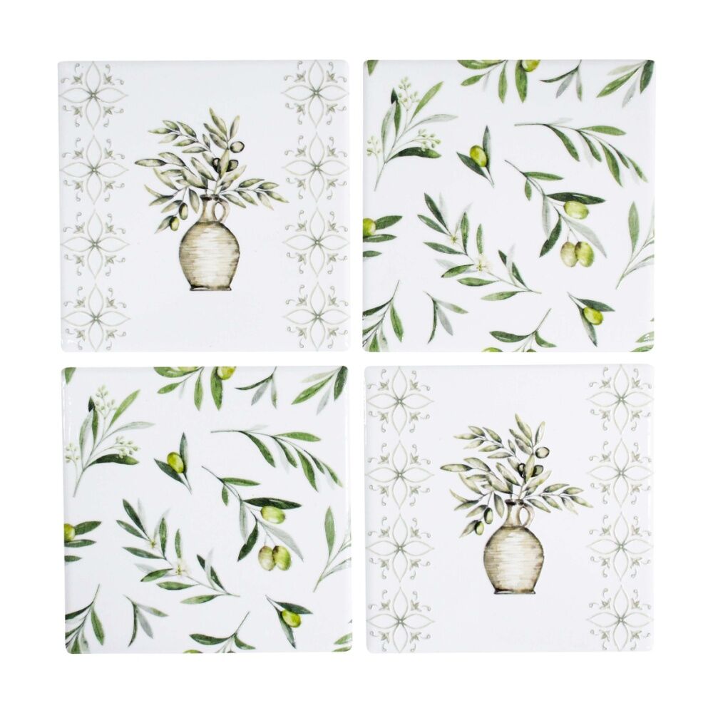 4x 4pc LVD Decorative Olives Ceramic Square Drink Coasters Home Decor 10x10cm