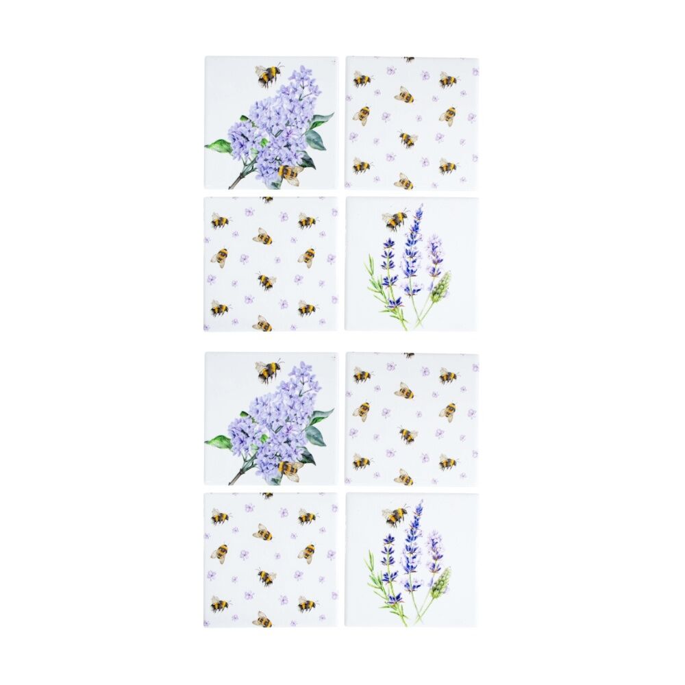 2x 4pc LVD Decorative Bees & Lavender Ceramic Square Drink Coasters 10x10cm