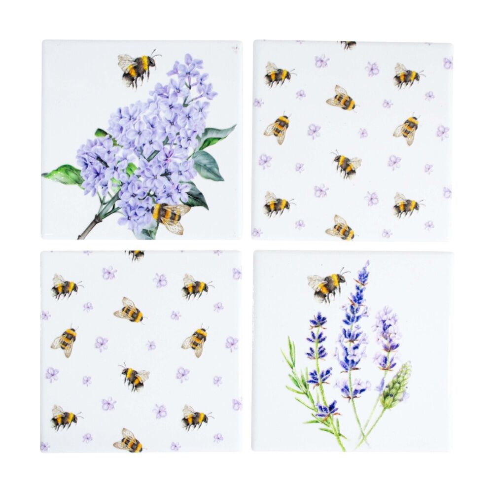 2x 4pc LVD Decorative Bees & Lavender Ceramic Square Drink Coasters 10x10cm