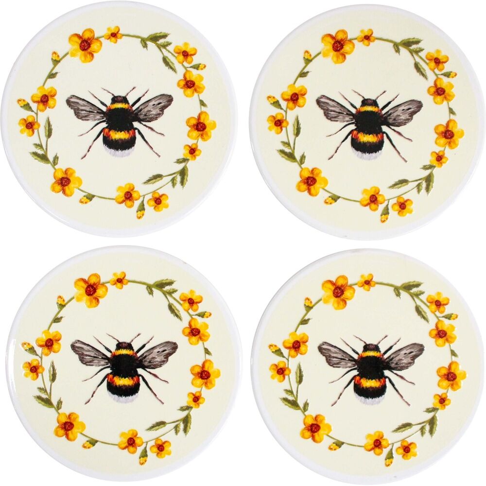 2x 4pc LVD Decorative Bee Country Ceramic Round Drink Coasters Decor 10x10cm