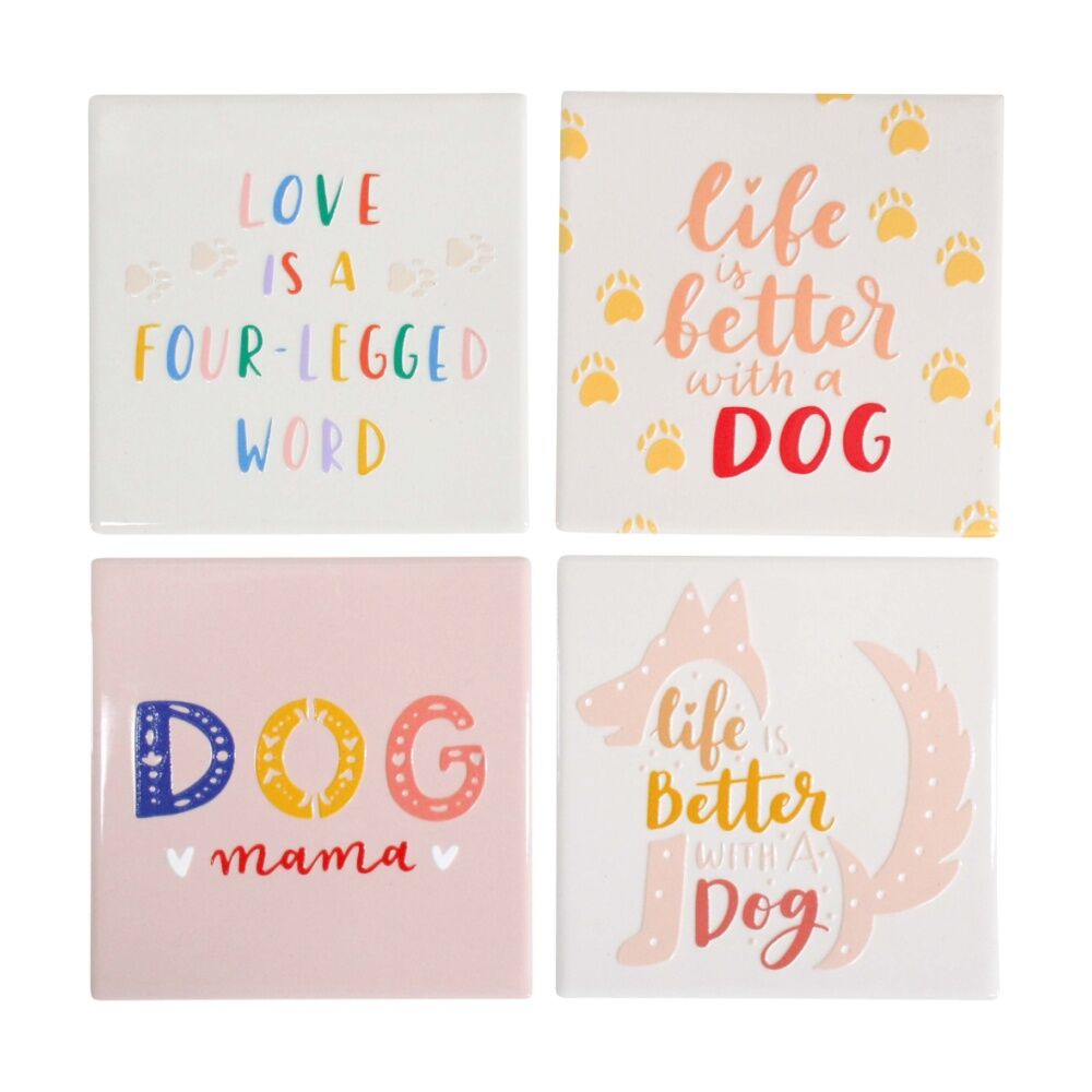 4x 4pc LVD Decorative Dog Sayings Ceramic Square Drink Coasters Decor 10x10cm