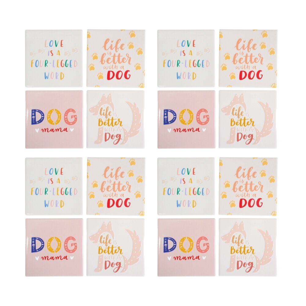 4x 4pc LVD Decorative Dog Sayings Ceramic Square Drink Coasters Decor 10x10cm