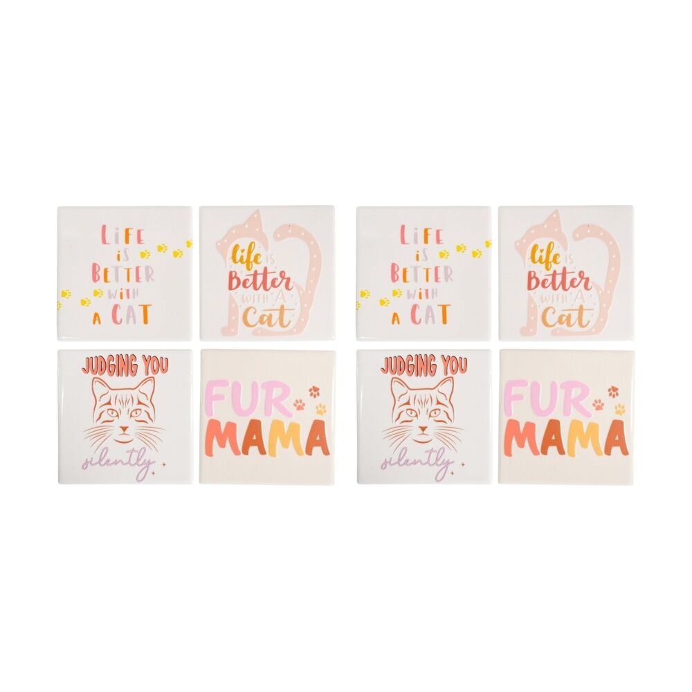2x 4pc LVD Decorative Cat Sayings Ceramic Square Drink Coasters Decor 10x10cm