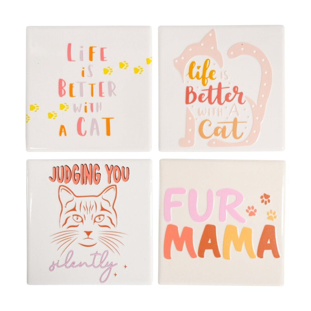 2x 4pc LVD Decorative Cat Sayings Ceramic Square Drink Coasters Decor 10x10cm