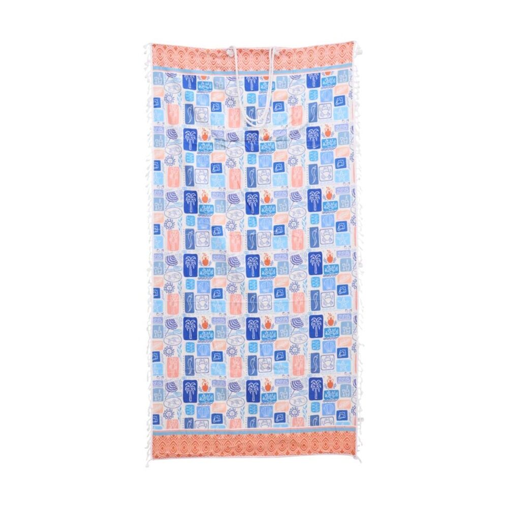 2PK LVD 2-in-1 Blue/range Summer Tiles Microfibre Beach Towel & Bag 90x180cm