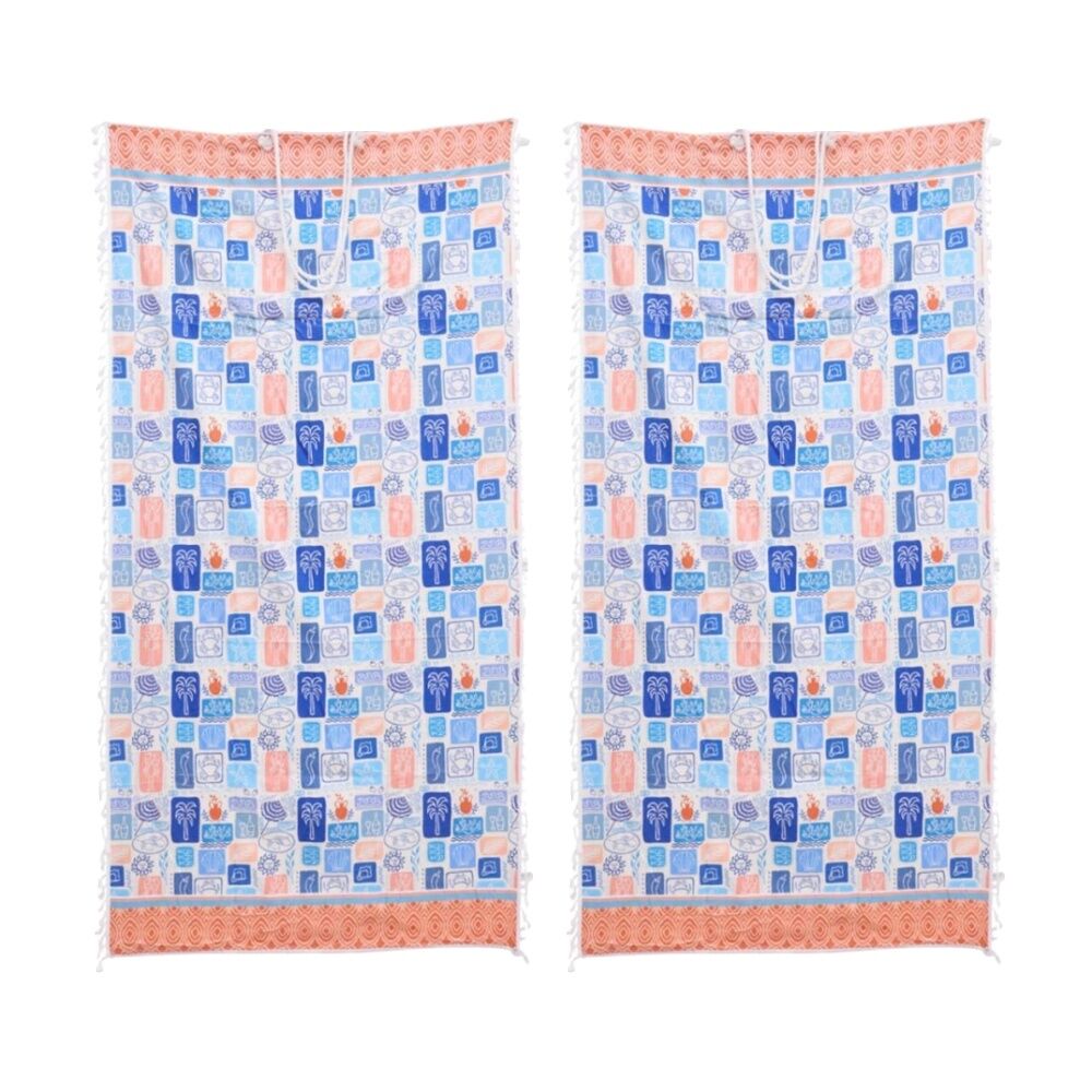 2PK LVD 2-in-1 Blue/range Summer Tiles Microfibre Beach Towel & Bag 90x180cm