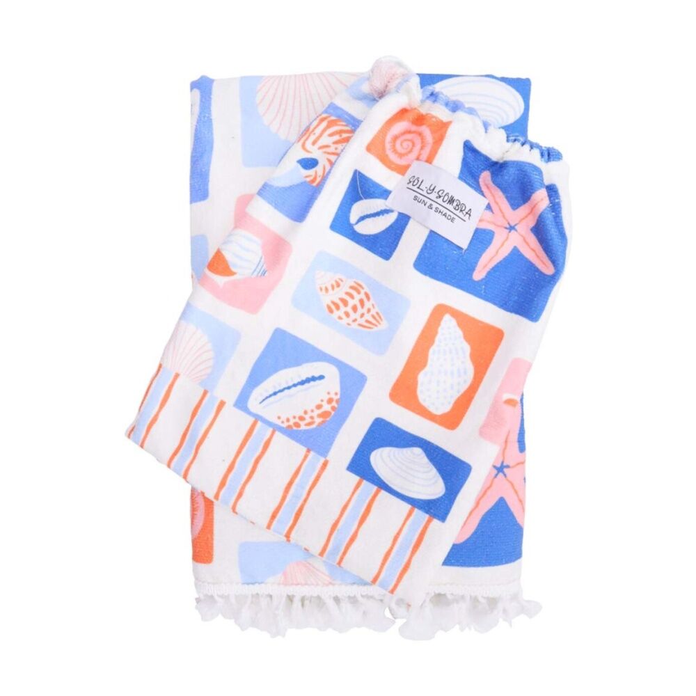 LVD Kids Blue/Orange Sea Shells Microfibre Poncho Towel W/ Pockets 70x70cm
