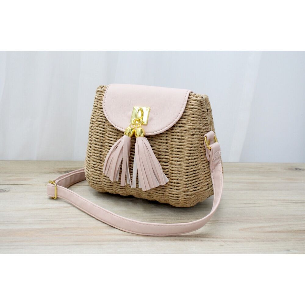 LVD Womens Crossbody Pink Woven Handbag Bridgette 20.5x16cm + strap