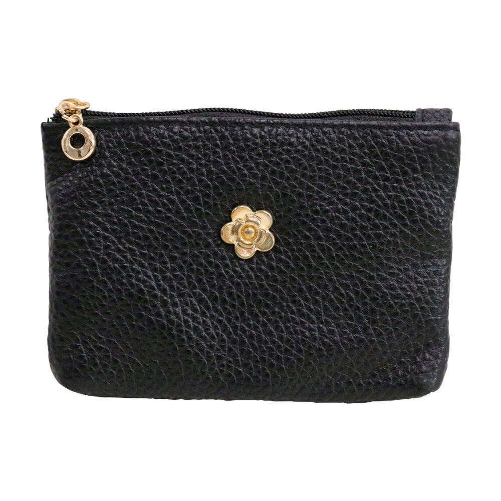 LVD Black Womens Textured Leather Coin Purse W/ Gold Flower 12.5x8cm