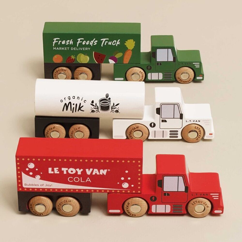 3pc Le Toy Van Wooden Trucks Set Removable Trailers Compatible Kids 3y+