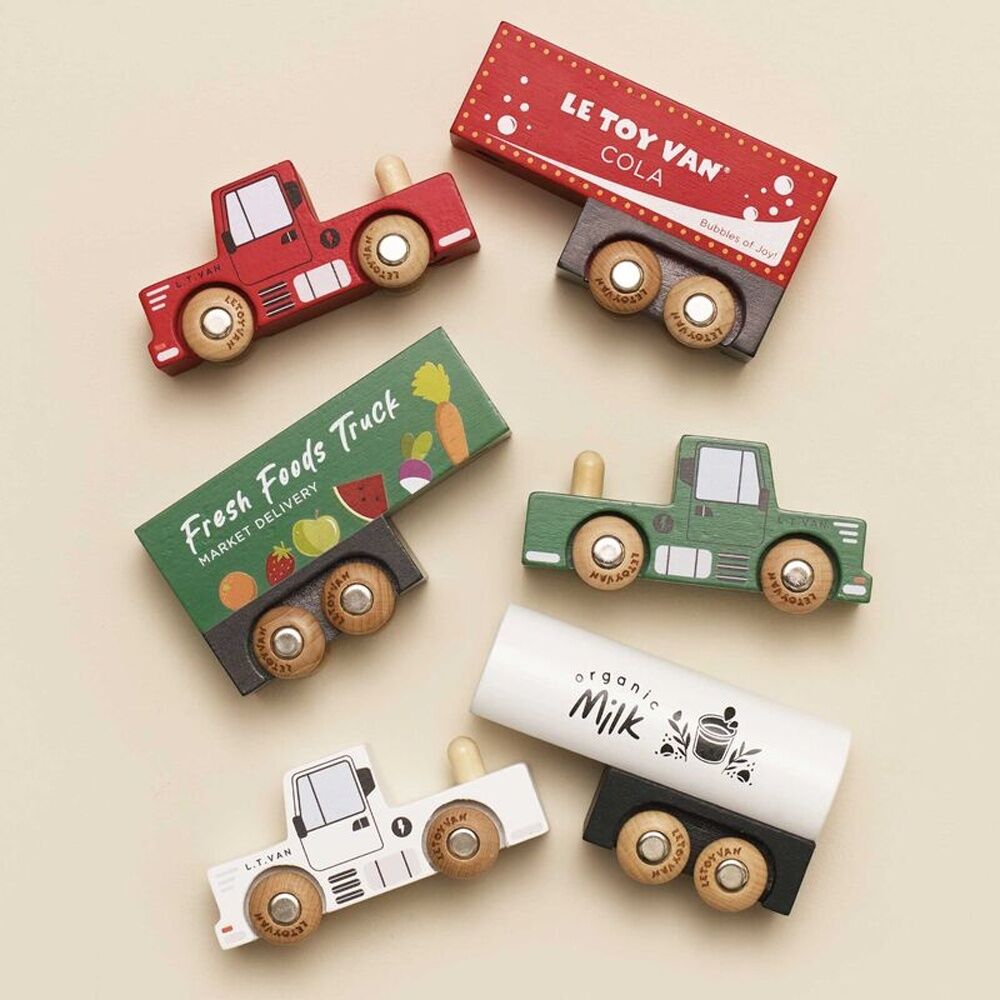 3pc Le Toy Van Wooden Trucks Set Removable Trailers Compatible Kids 3y+