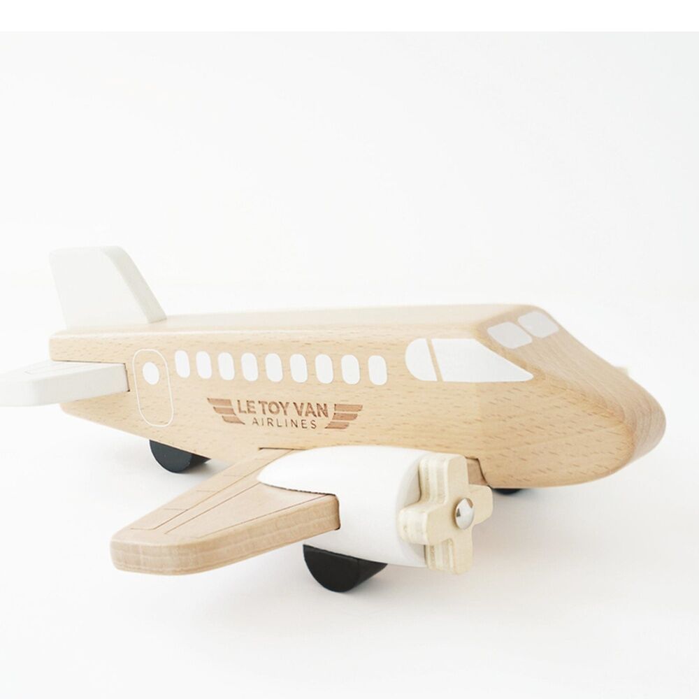 Le Toy Van Wooden Plane Natural Wood White Accents Spinning Propellers
