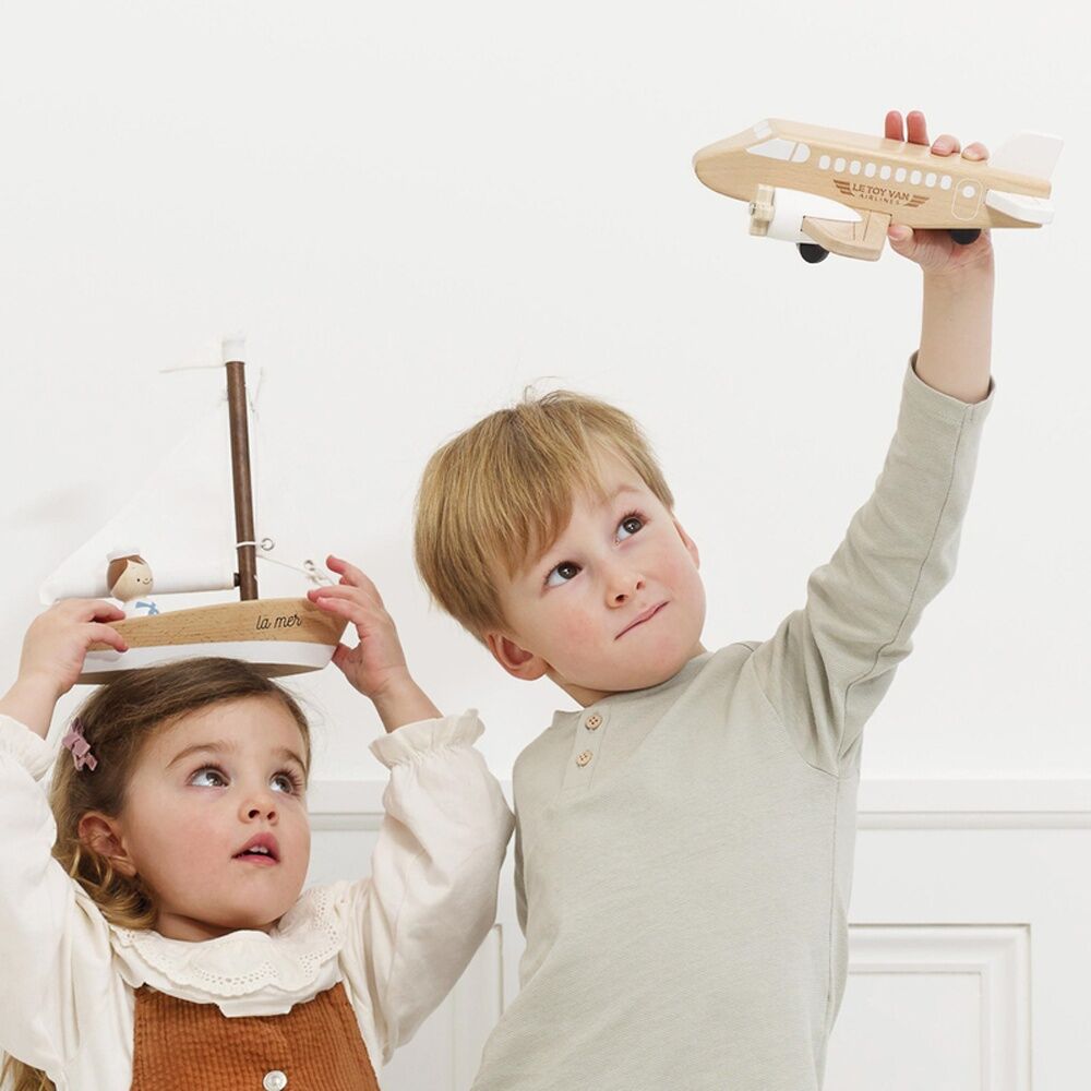 Le Toy Van Wooden Plane Natural Wood White Accents Spinning Propellers
