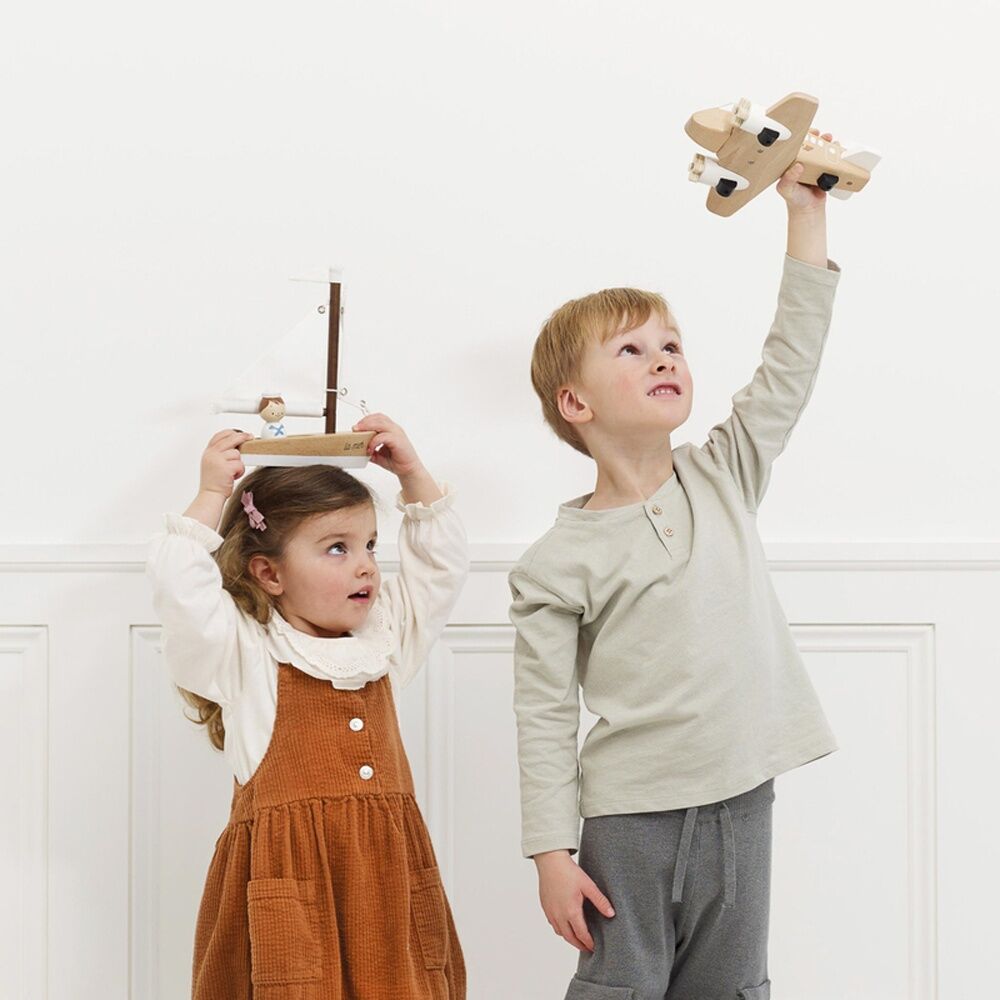 Le Toy Van Wooden Plane Natural Wood White Accents Spinning Propellers