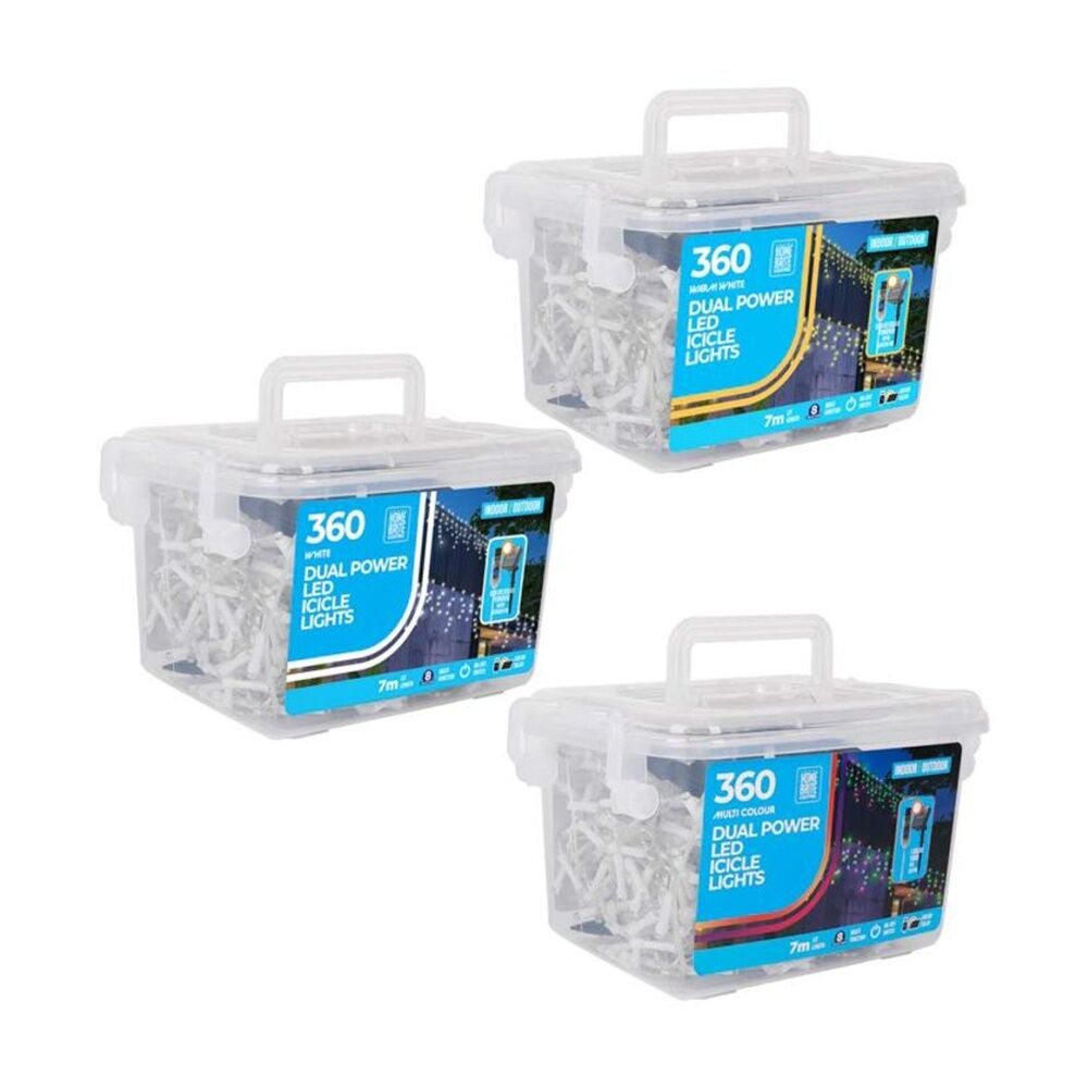 360pc Home Brite Dual Power Outdoor LED Icicle String Lights 7 Metres Assorted