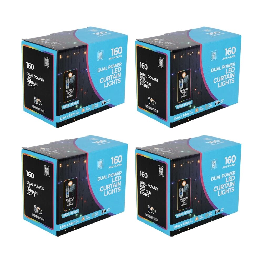 4PK Home Brite Outdoor 160LED Solar Curtain String Lights 1.5x1.8m Multi Colour