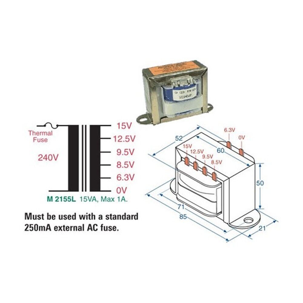 Powertran 6.3V-15V 1A Mains Transformer 15Va Multiple Tapped Voltages