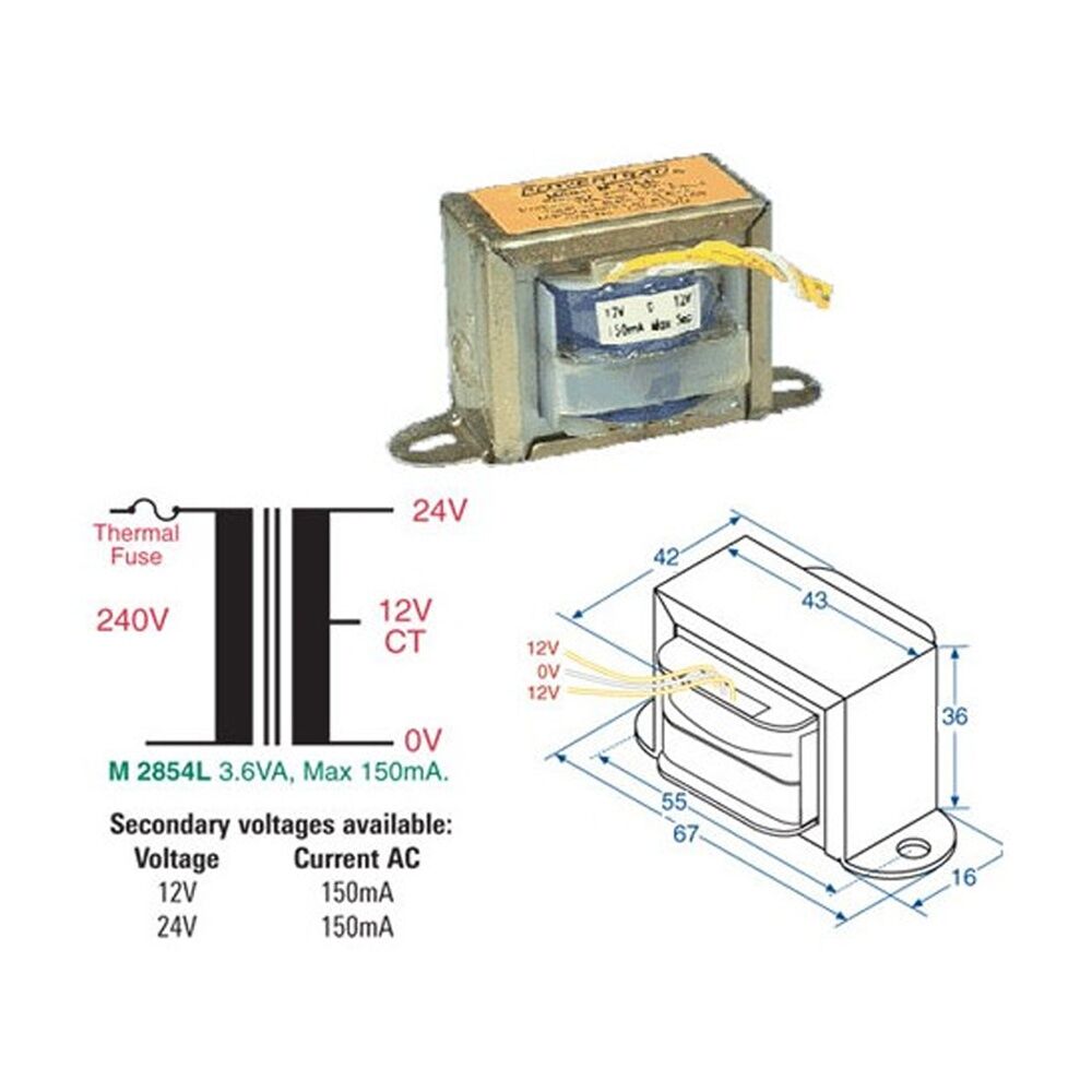 2PK Powertran 24V 150Ma Mains Transformer 3.6Va Ct Centre Tapped Electrical