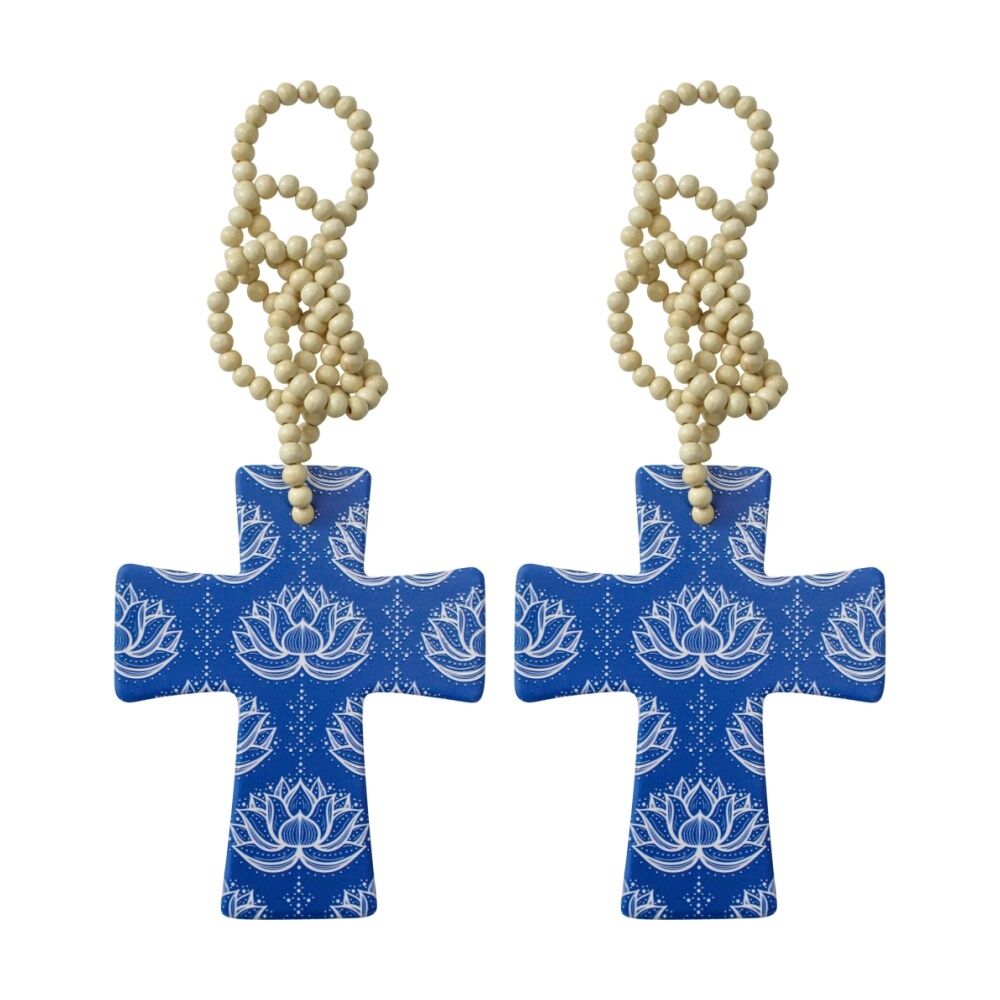 2PK LVD Lotus Cross Home & Living Decor W/ Beads Blue/White 12x14x.05cm