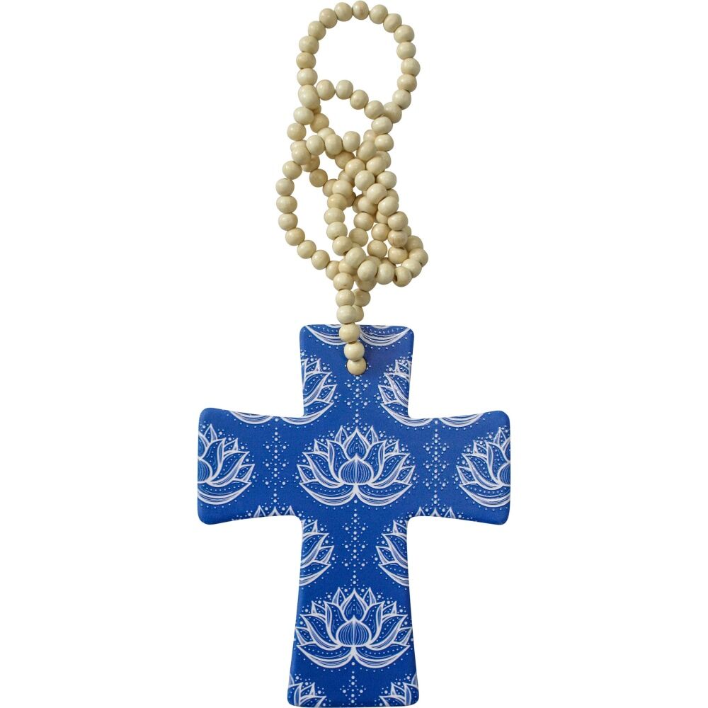 2PK LVD Lotus Cross Home & Living Decor W/ Beads Blue/White 12x14x.05cm