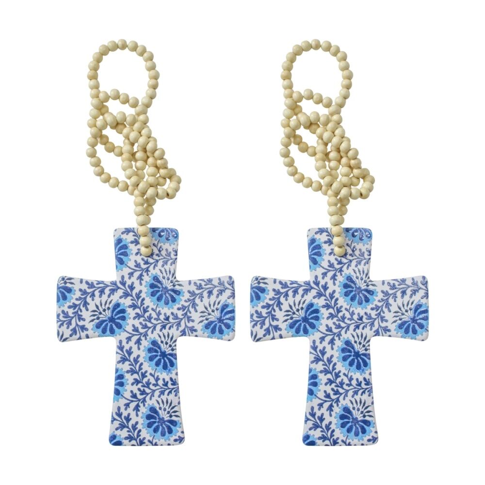 2PK LVD Blue Cintzy Cross Home & Living Decor W/ Beads 12x14x.05cm