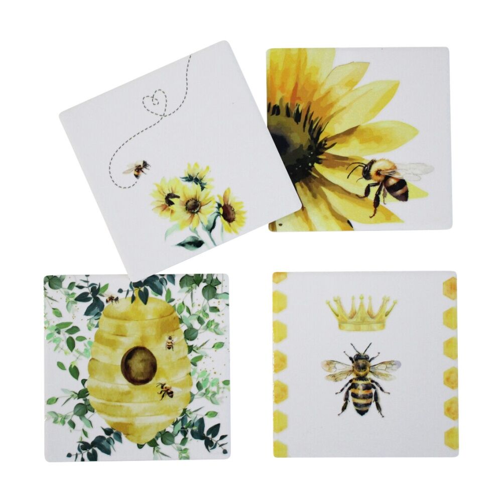 4x 4pc LVD Decorative Honey Bee Ceramic Square Drink Coasters Home Decor 10x10cm