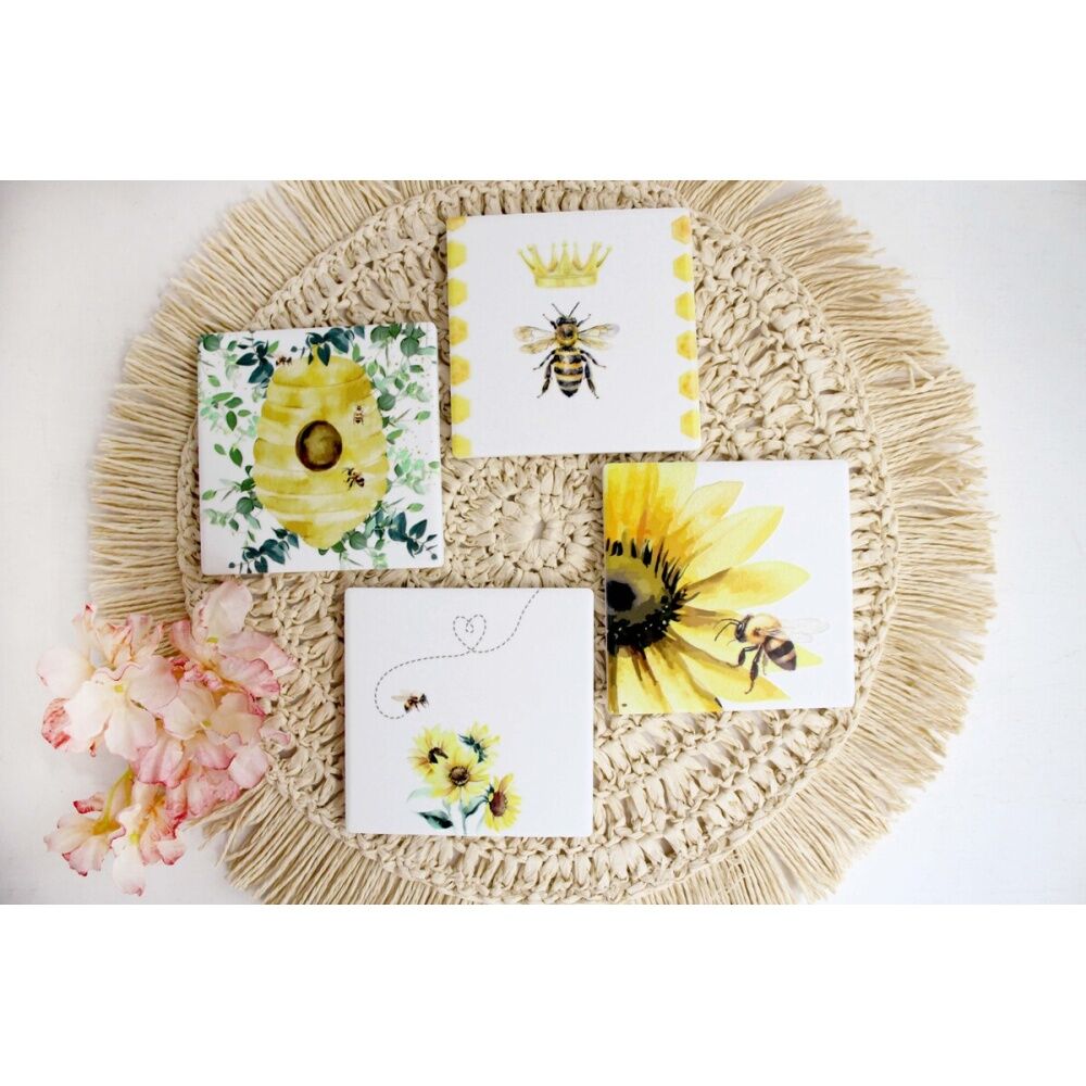 4x 4pc LVD Decorative Honey Bee Ceramic Square Drink Coasters Home Decor 10x10cm
