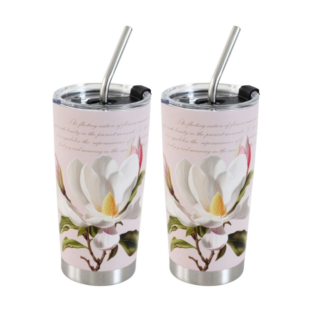 2x 3pc LVD Straw Drink Cup Set W/ Magnolia & Straw-Cleaning Brush 600ml