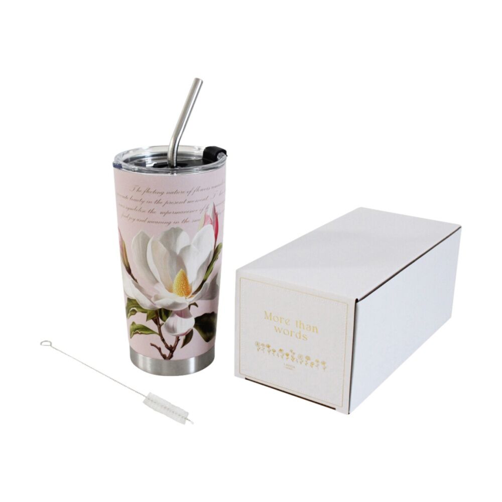 2x 3pc LVD Straw Drink Cup Set W/ Magnolia & Straw-Cleaning Brush 600ml