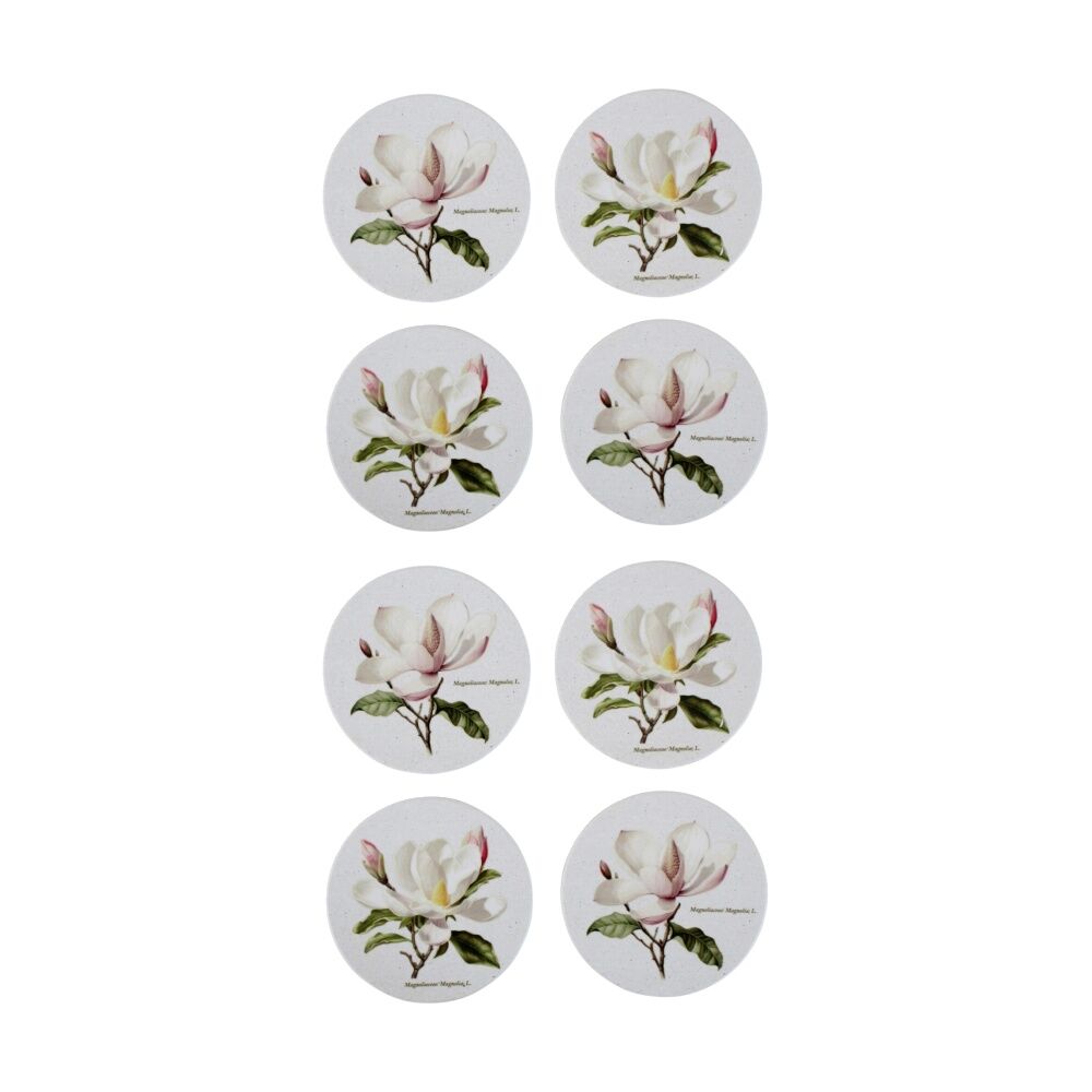 2x 4pc LVD Decorative Botanical Magnolia Ceramic Round Drink Coasters 10x10cm