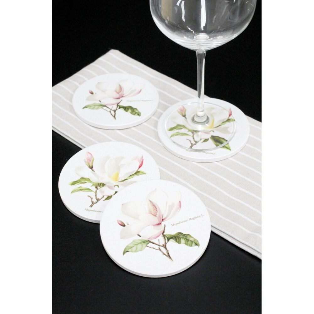 4x 4pc LVD Decorative Botanical Magnolia Ceramic Round Drink Coasters 10x10cm