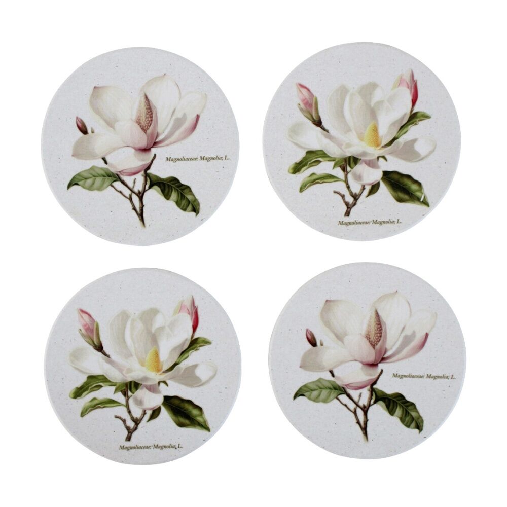 4x 4pc LVD Decorative Botanical Magnolia Ceramic Round Drink Coasters 10x10cm